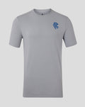Front view of a light gray men's core crest tee with a blue crest on the chest