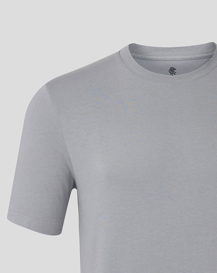 Close up of a light gray men's core crest tee showing the blue chest crest near the neckline