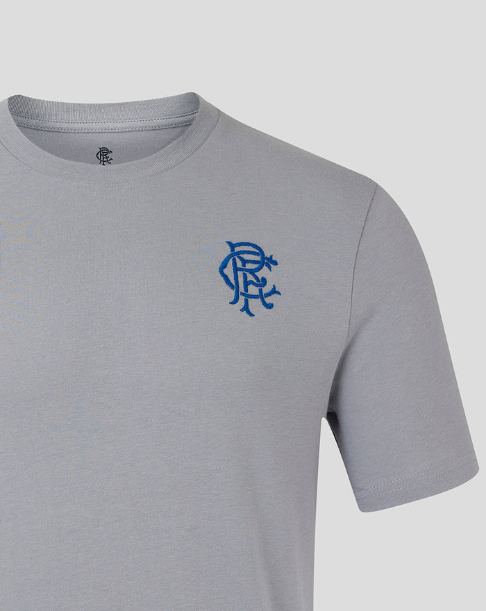 Light heather grey MENS 25/26 CORE CREST T-SHIRT WEATHERVANE with blue scroll crest on the left chest