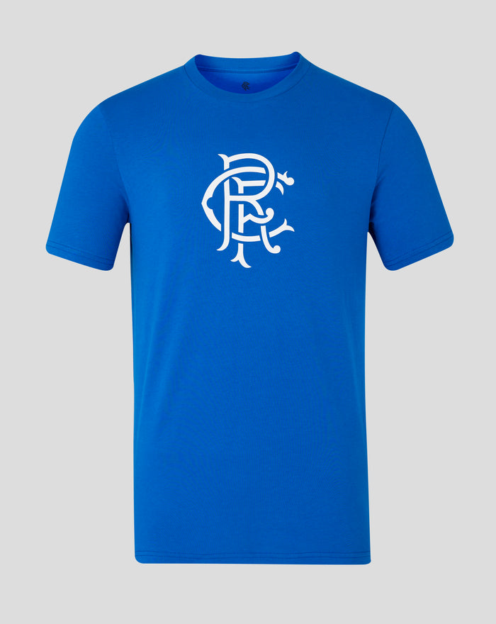 Lapis blue Rangers core logo T shirt with a large white scroll crest at the chest