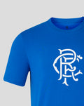 Close up of blue Rangers T shirt neckline with a small scroll crest printed inside the collar.