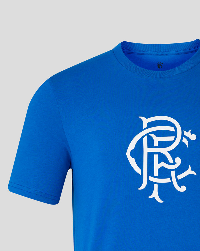 Close up of blue Rangers T shirt neckline with a small scroll crest printed inside the collar.