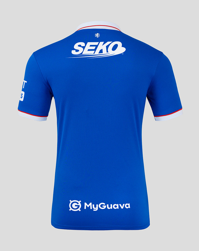 Back view of blue Rangers FC 25/26 pro home shirt with SEKO across upper back and MyGuava at the lower back