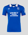 Rangers FC 25/26 home shirt in blue with white collar and crest on the left chest and Umbro logo on the right chest