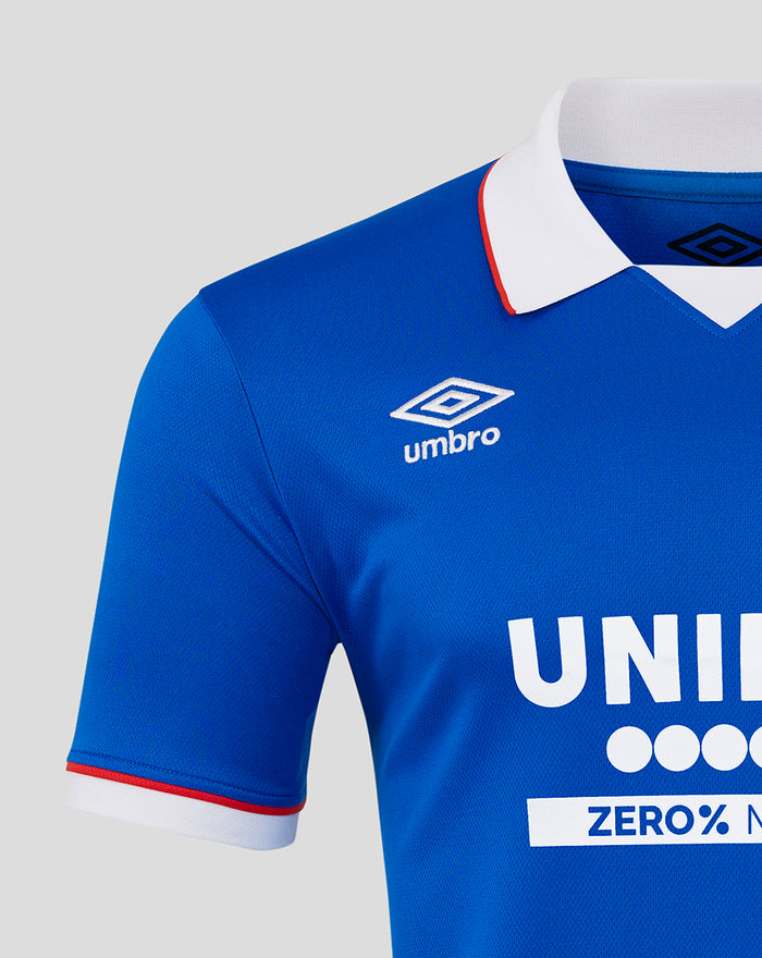 Rangers FC 25/26 home shirt upper chest featuring Umbro logo and a white collar with red trim.