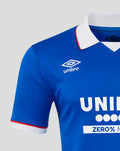 Rangers blue home shirt collar area with Umbro emblem on the chest and white collar with red trim