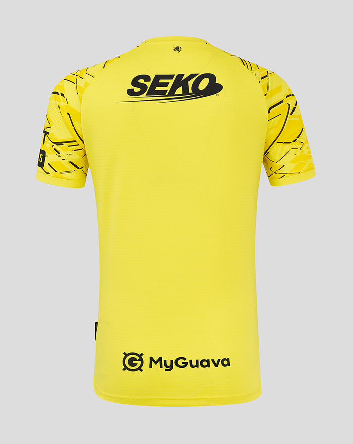 Back view of Rangers FC 25/26 Home Goalkeeper Shirt in bright yellow with SEKO across upper back and MyGuava at lower back