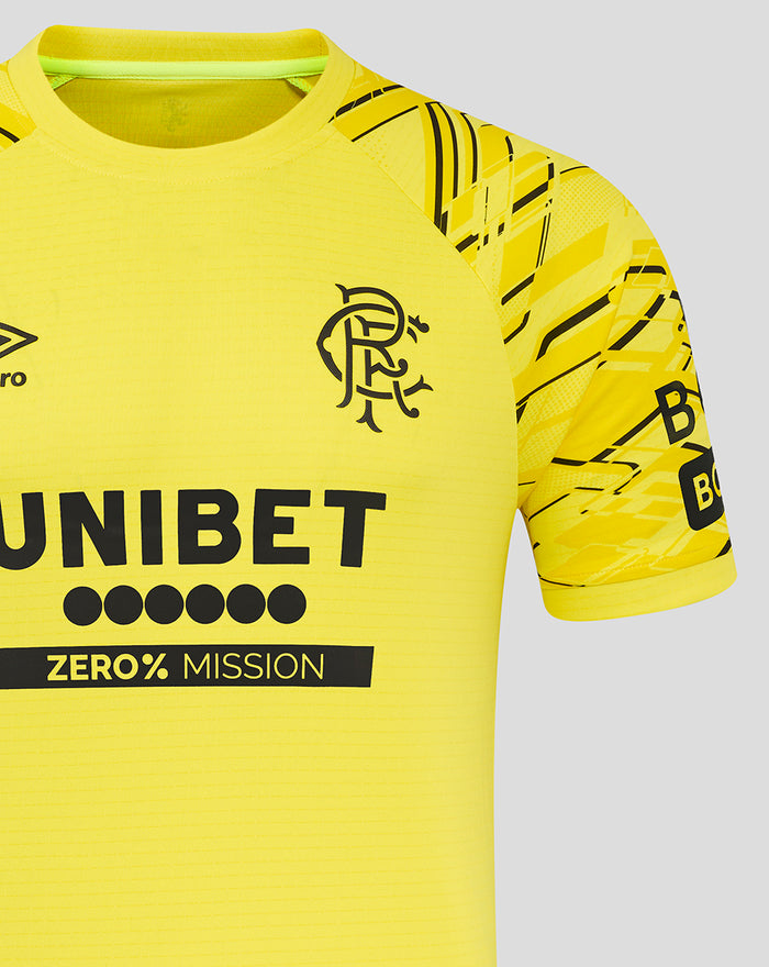Close up of yellow Rangers FC goalkeeper shirt showing club crest on the left chest and Umbro logo on the right chest with bold sponsor graphics.