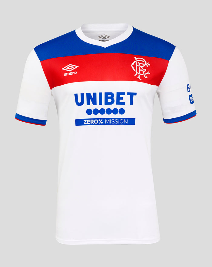Rangers FC away shirt front with blue shoulder panel red chest band crest Umbro and UNIBET branding on white fabric