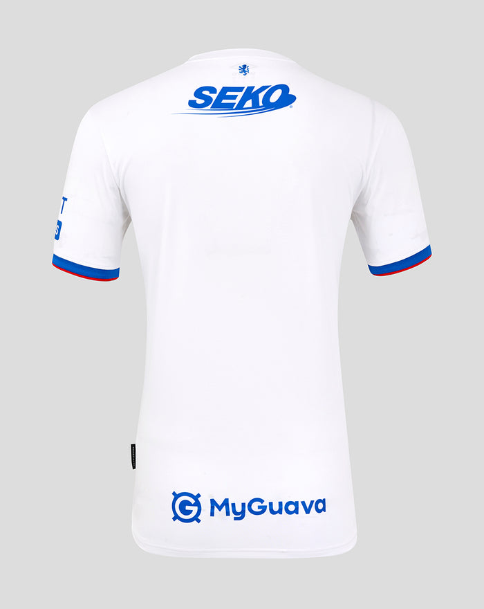 Back view of white Rangers FC away shirt with SEKO logo on the upper back and MyGuava sponsor at the lower back