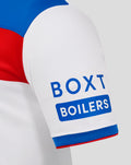 Sleeve close up of white Rangers away shirt with BOX BOILERS logo and blue red cuff trim