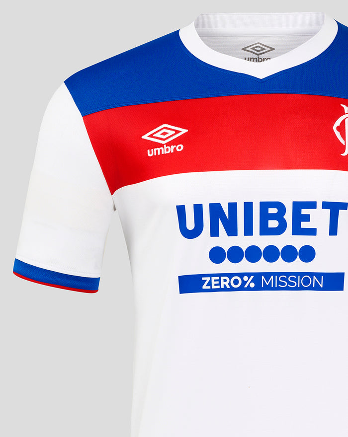 Partial view of sleeve and cuff with blue trim on white Rangers away shirt