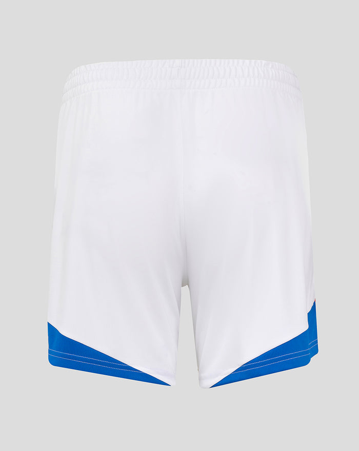 Rangers FC Men's Pro Away Shorts back view white with blue angled hem panels and elastic waistband