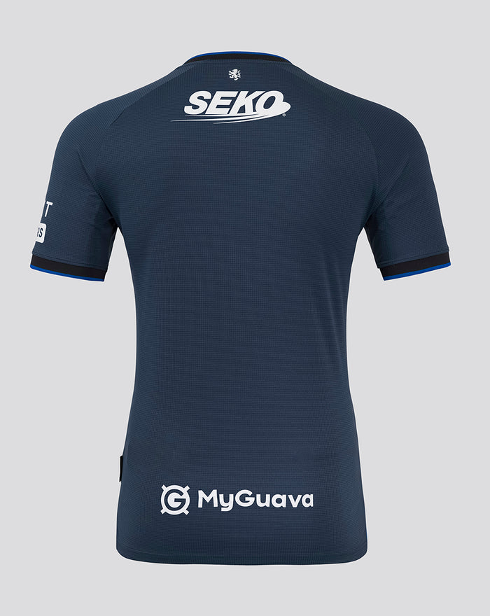 Back view of navy Rangers away Pro shirt showing SEKO across the upper back, MyGuava at the lower back, and a small crest at the neckline.
