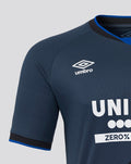 Close up of navy Rangers away Pro shirt front showing the Umbro logo on the chest and a bold white sponsor graphic.