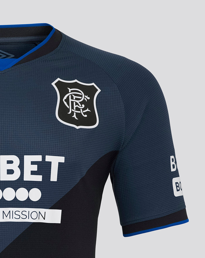 Close up of Rangers FC away shirt chest area with crest and UNIBET sponsor.