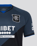 Close-up of Rangers FC Third shirt chest area showing club crest Umbro logo and UNIBET sponsor