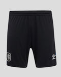Back view of black Mens 25/26 Pro Third Shorts with elastic waistband, Rangers crest on the left leg and Umbro logo on the right