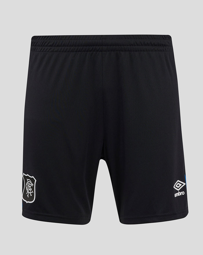 Back view of black Mens 25/26 Pro Third Shorts with elastic waistband, Rangers crest on the left leg and Umbro logo on the right
