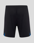 Back view of black men's pro third shorts with blue side accents.