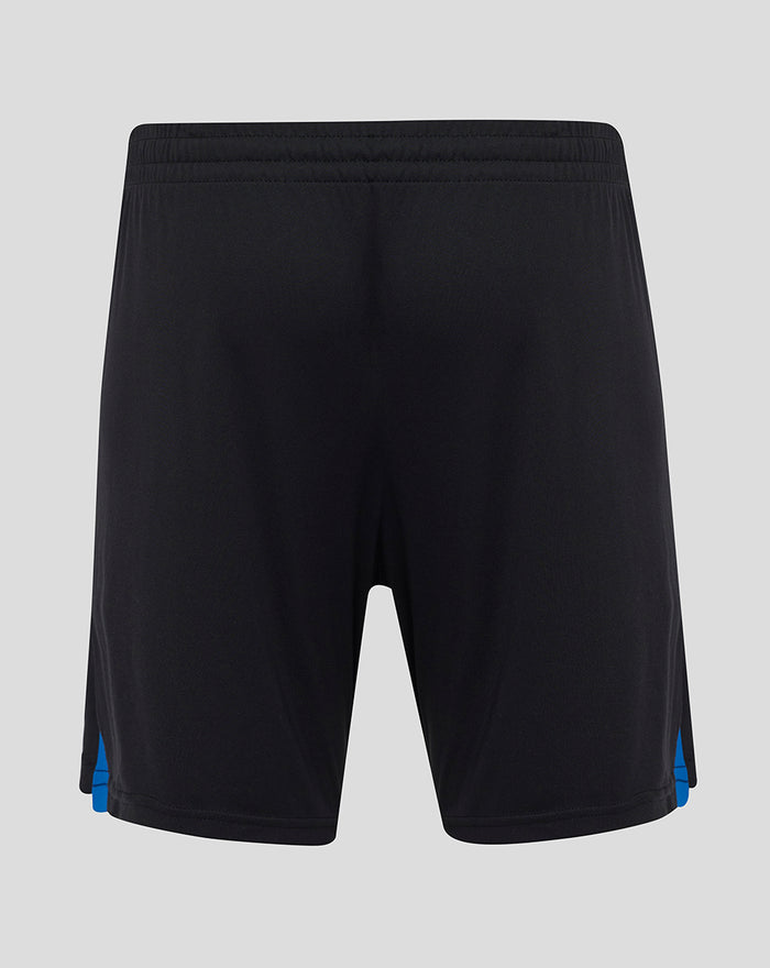 Back view of black men's pro third shorts with blue side accents.