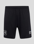 Back view of black Rangers FC Third Shorts with elastic waistband and crest on the left thigh