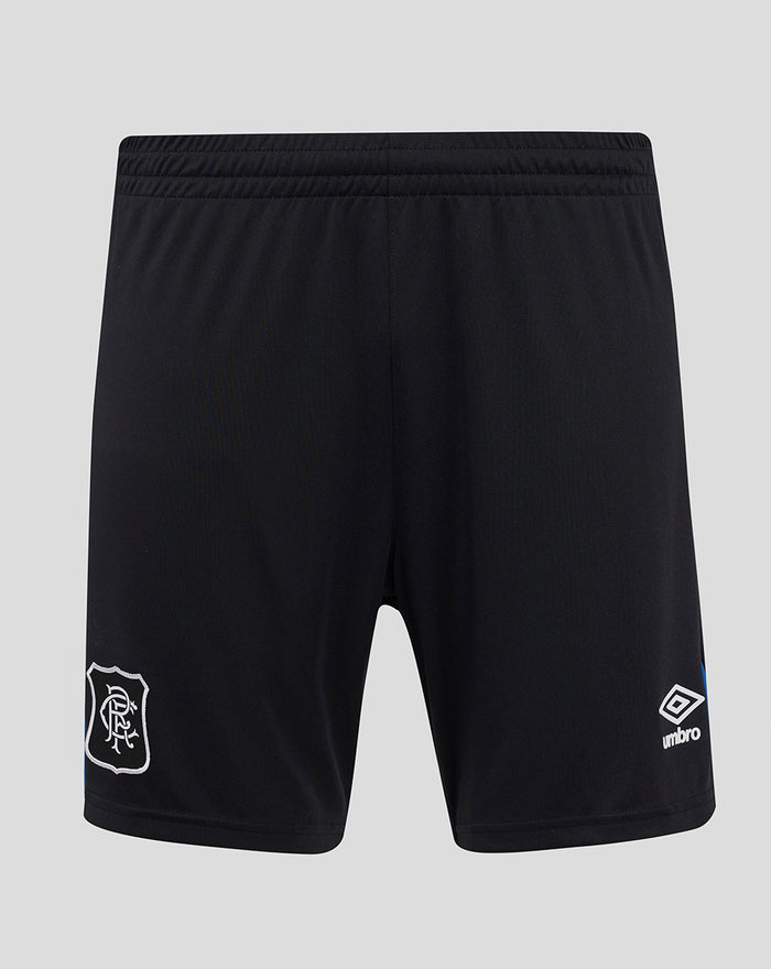 Back view of black Rangers FC Third Shorts with elastic waistband and crest on the left thigh