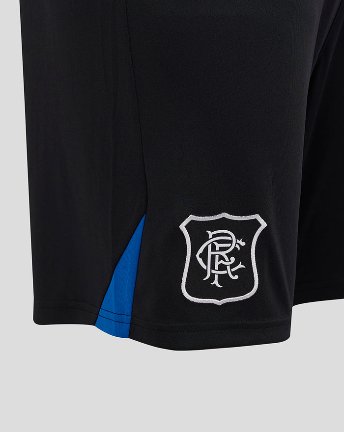 Rangers crest embroidered on black shorts with blue side panel
