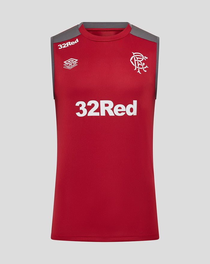 Rangers mens training vest in rhythmic red with gray shoulders and prominent 32Red logo