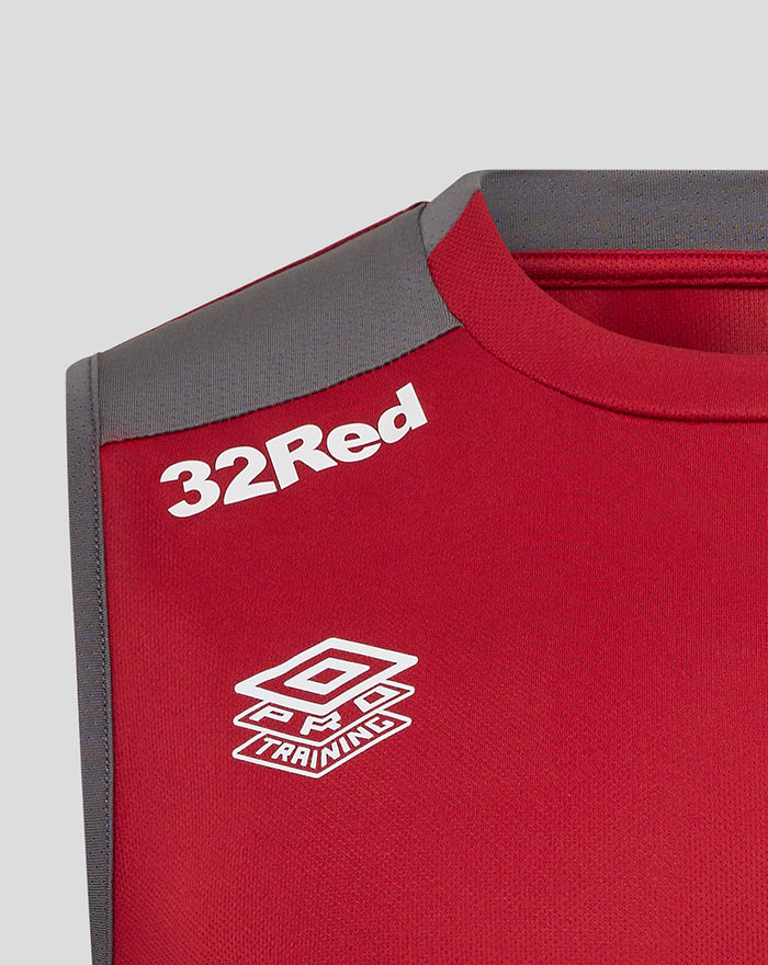 Front view of rhythmic red men's training vest with 32Red and OG Training logos on the chest.