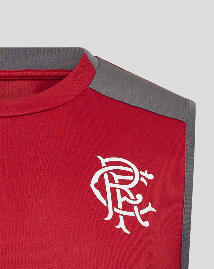 Close up of red training vest shoulder showing gray panel and Rangers crest
