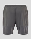Back view of gray Thunderstorm training shorts with two tone panels at the lower legs and an elastic waistband