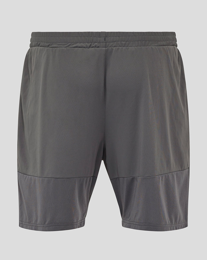 Back view of gray Thunderstorm training shorts with two tone panels at the lower legs and an elastic waistband