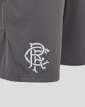 Close-up of the left leg showing a white monogram logo on the gray training shorts