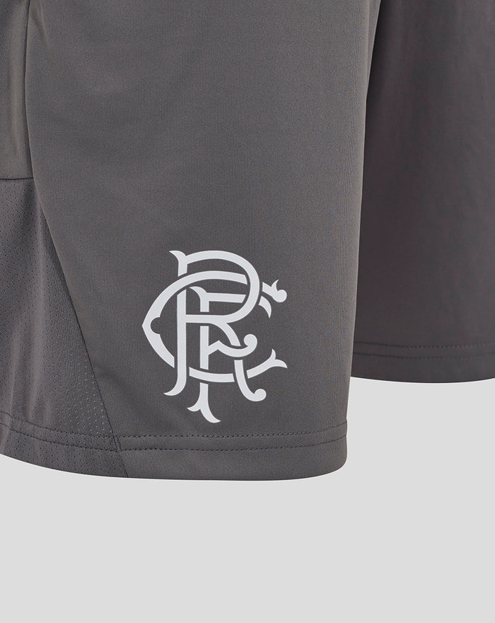 Close-up of the left leg showing a white monogram logo on the gray training shorts