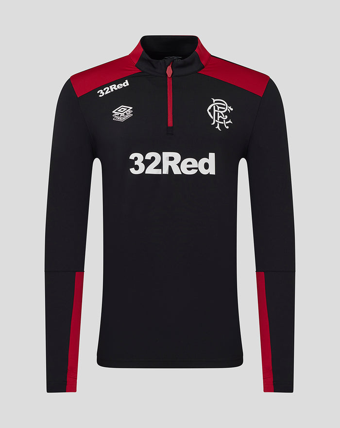 Front view of black men's training quarter zip top with red shoulder panels and red zipper, featuring 32Red sponsor and club crest.