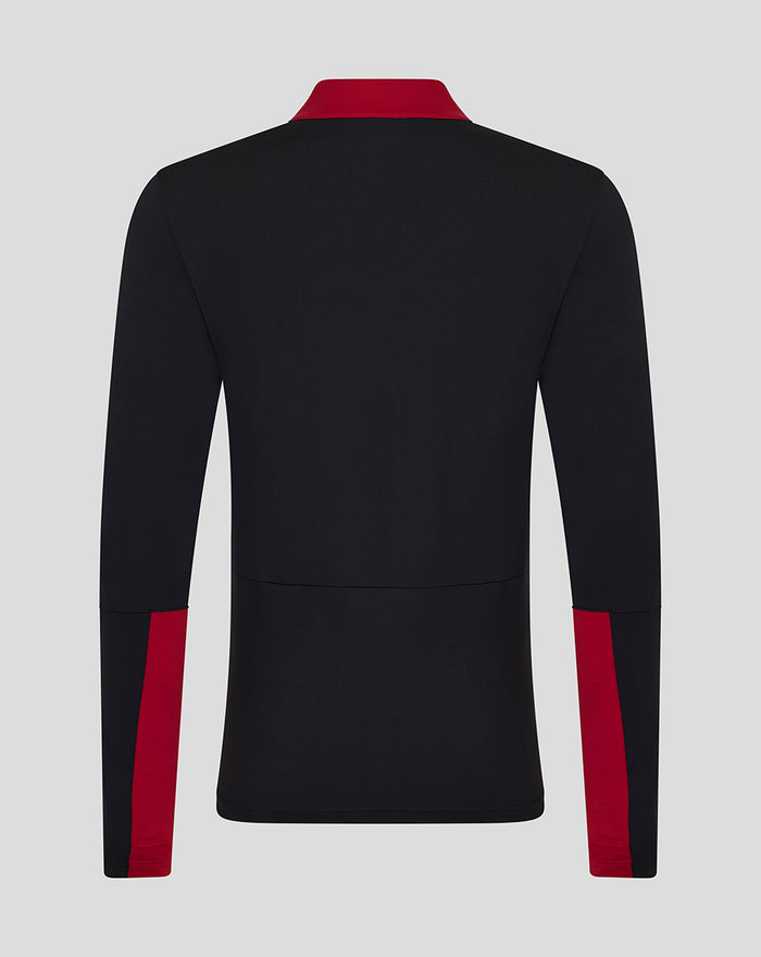 Back view of black men's training quarter zip top with red collar and red sleeve panels.