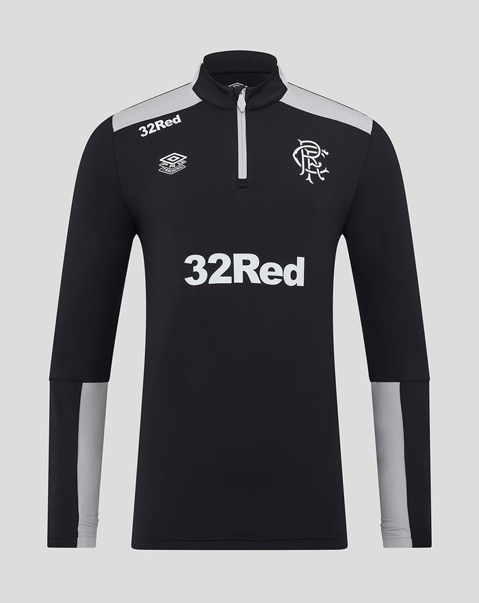 Front view of men's black caviar training top with gray shoulder panels and 32Red logo across chest.