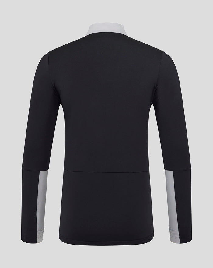 Back view of black coaching top with white collar and light grey sleeve panels