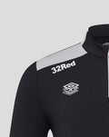 Shoulder view of black training top with 32Red lettering and Umbro crest and a light grey shoulder panel