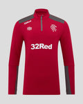 Front view of red mens training quarter zip top with gray shoulder panels, zip at the neck, large 32Red sponsor across the chest and a club crest on the left chest