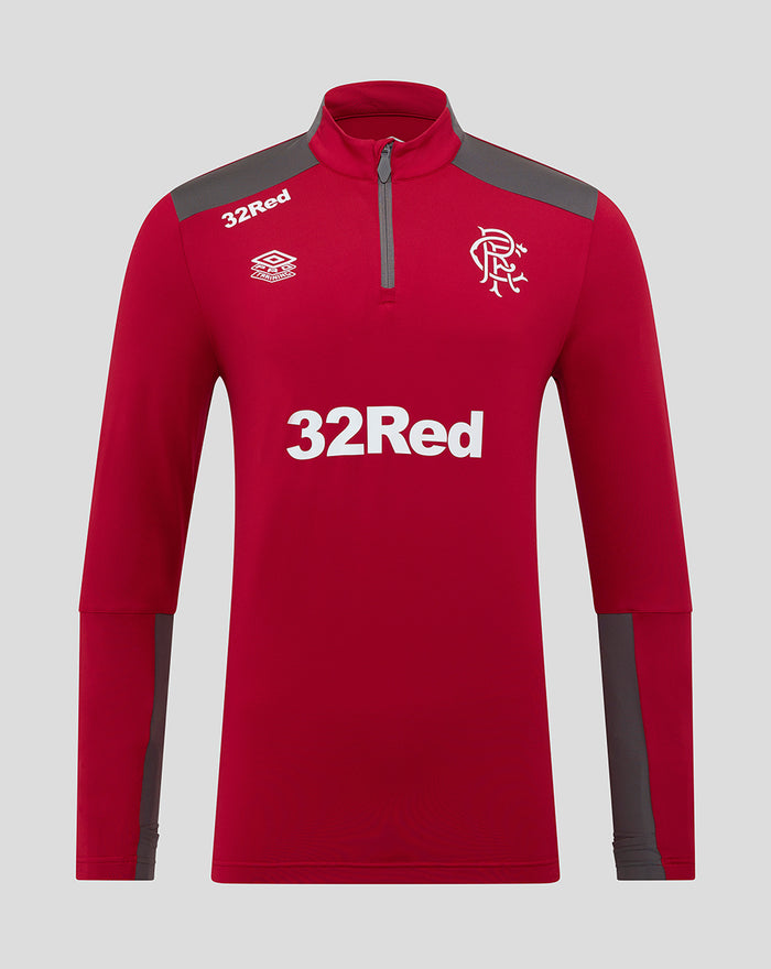 Front view of red mens training quarter zip top with gray shoulder panels, zip at the neck, large 32Red sponsor across the chest and a club crest on the left chest