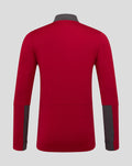 Back view of red mens training quarter zip top with gray collar and shoulder panels.