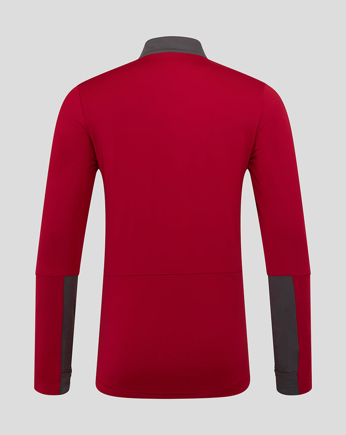 Back view of red mens training quarter zip top with gray collar and shoulder panels.
