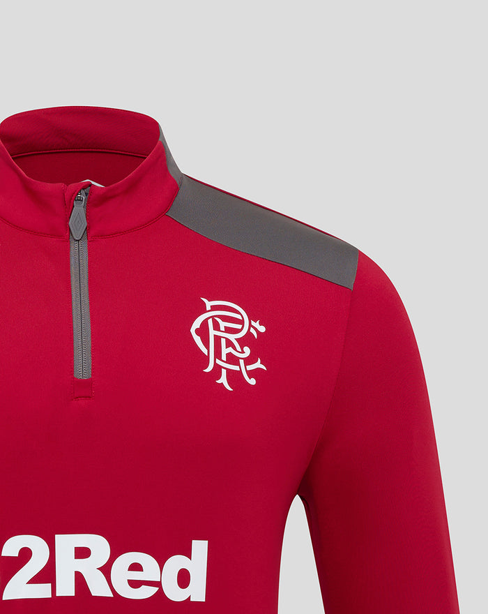 Close up of red training top showing gray shoulder panel and crest on the chest with partial sponsor visible