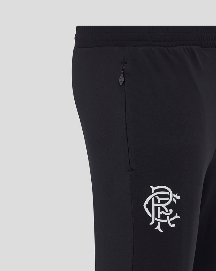 Close-up of black training pants showing side zip pocket and leg logo.