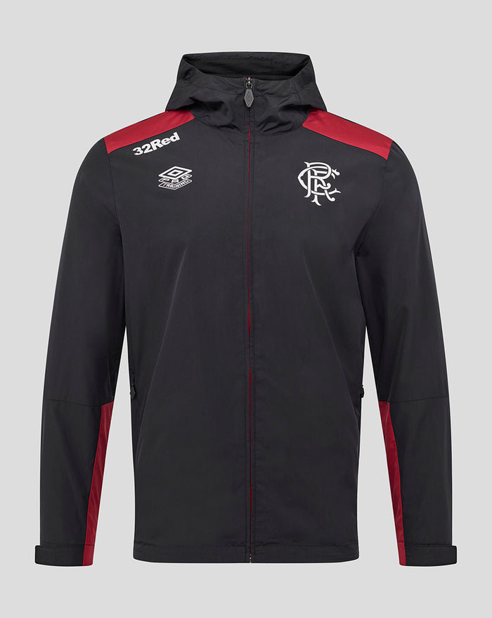 Front view of men's black packable hooded shower jacket with red shoulder panels, 32Red sponsor and Rangers crest