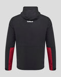 Back view of men's black packable hooded jacket with white 32Red branding on upper back