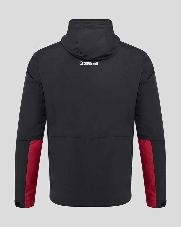 Back view of men's black packable hooded jacket with white 32Red branding on upper back