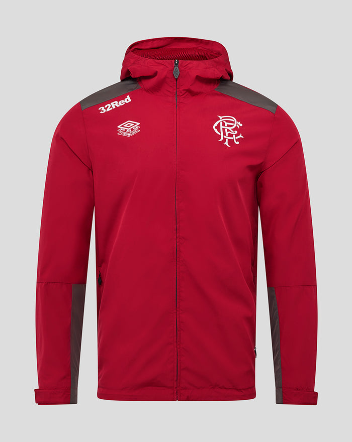 Front view of red packable hooded training jacket with gray shoulder panels and a white crest on the chest